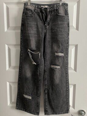 Orderplus Black Distressed Wide Leg Jeans - Size Small